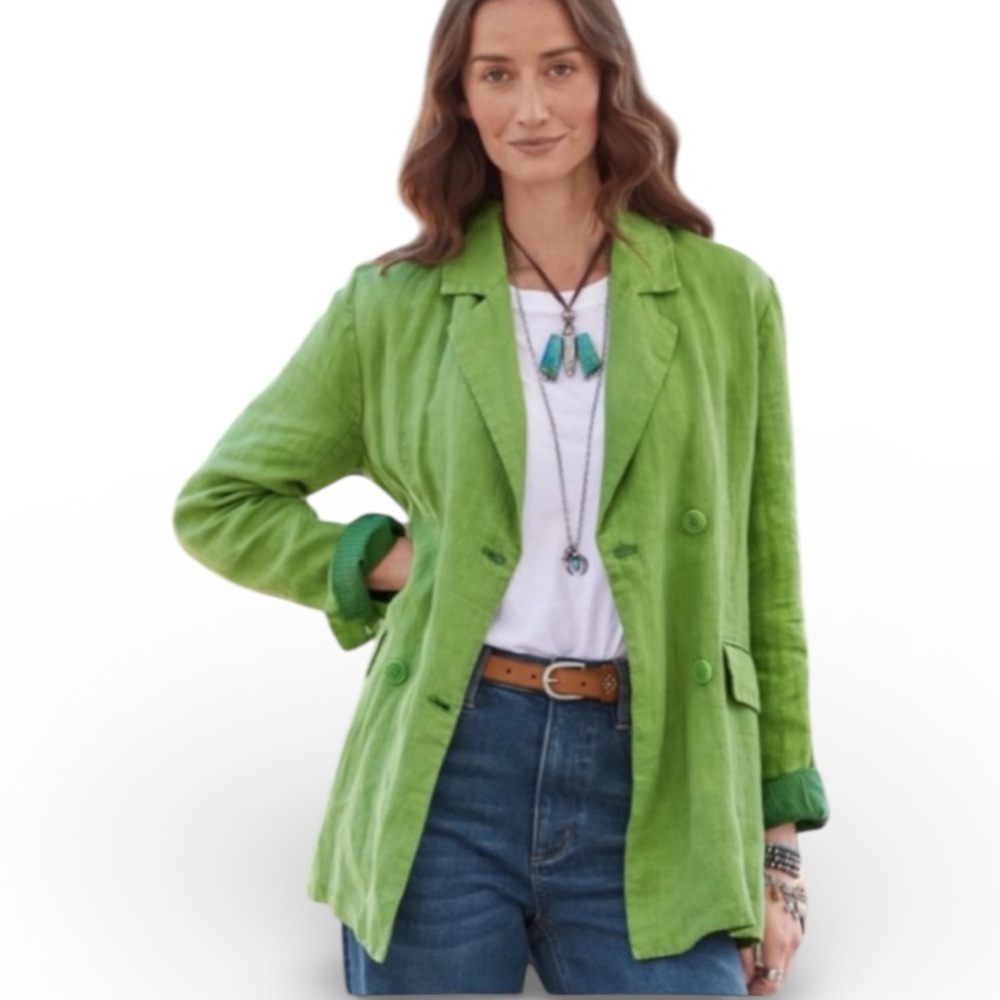 Sundance Oaklee Linen Double Breasted Blazer Green Tea Size Large Petite - Picture 2 of 12